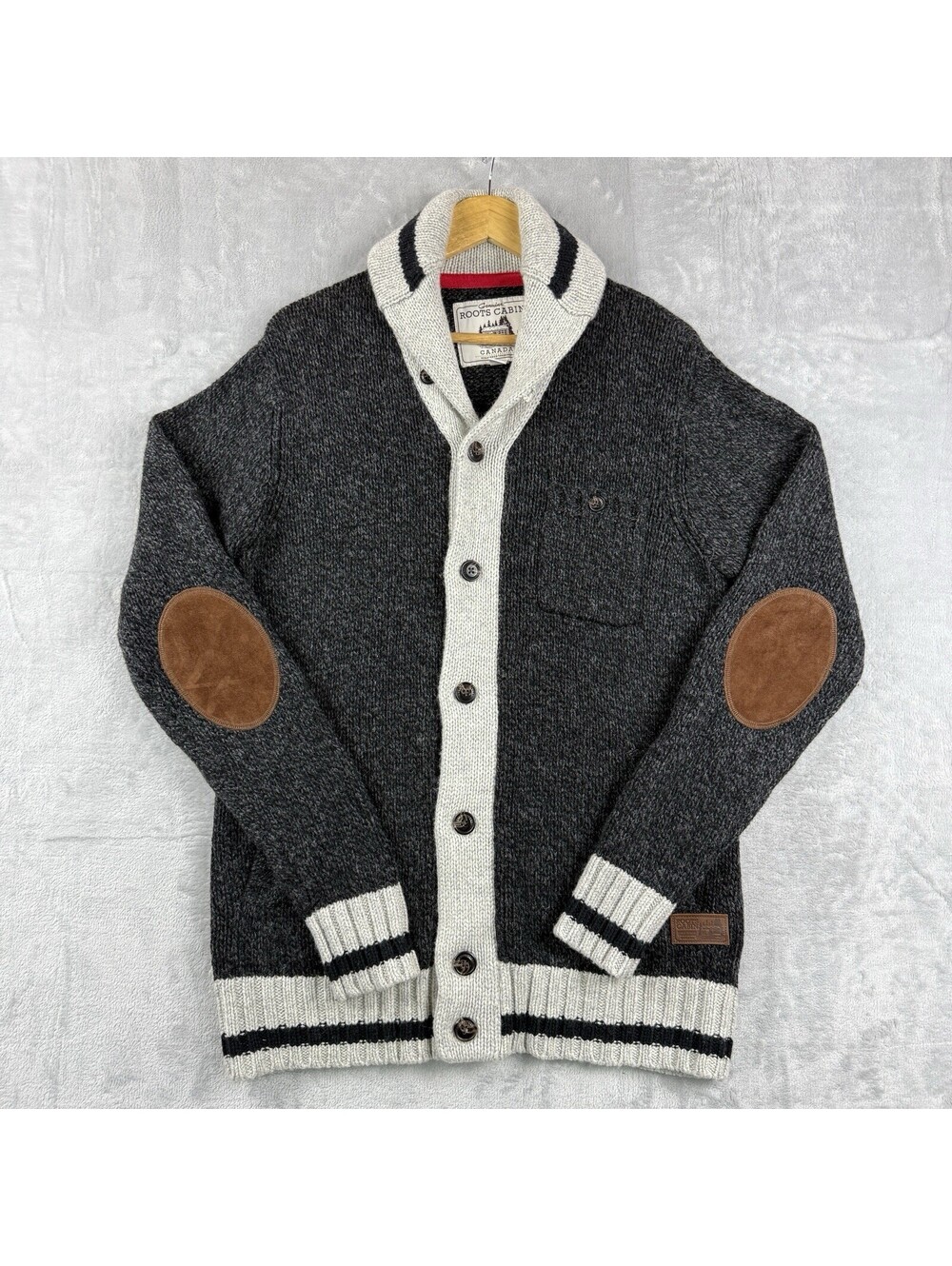 Roots Cabin Wool Blend Shawl Collar Cardigan Sweater Size M Elbow Patch Cottage